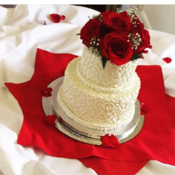 A two-tiered white cake with red roses and baby's breath on top, surrounded by red fabric and rose petals.